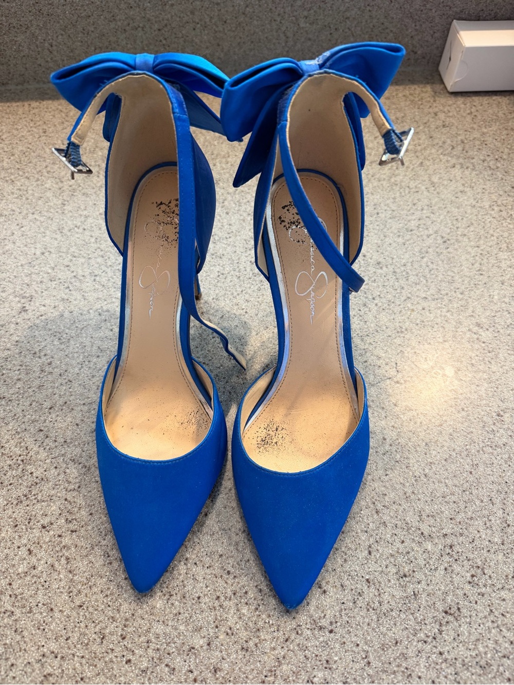 Jessica Simpson Bright Blue Pointed-Toe Bow Ankle Strap Heels
